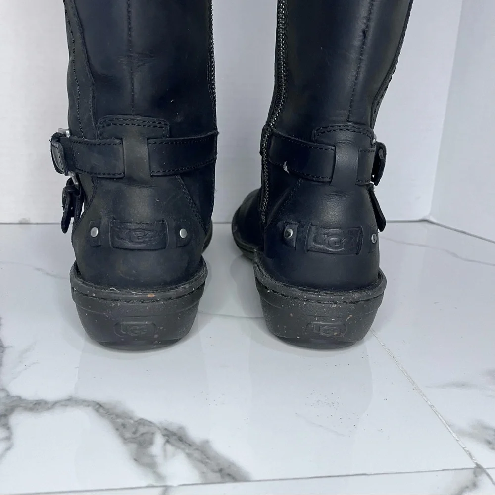 UGG Rosen Tall Black Leather Riding Boots Women’s Size 7 Buckle Zip Winter